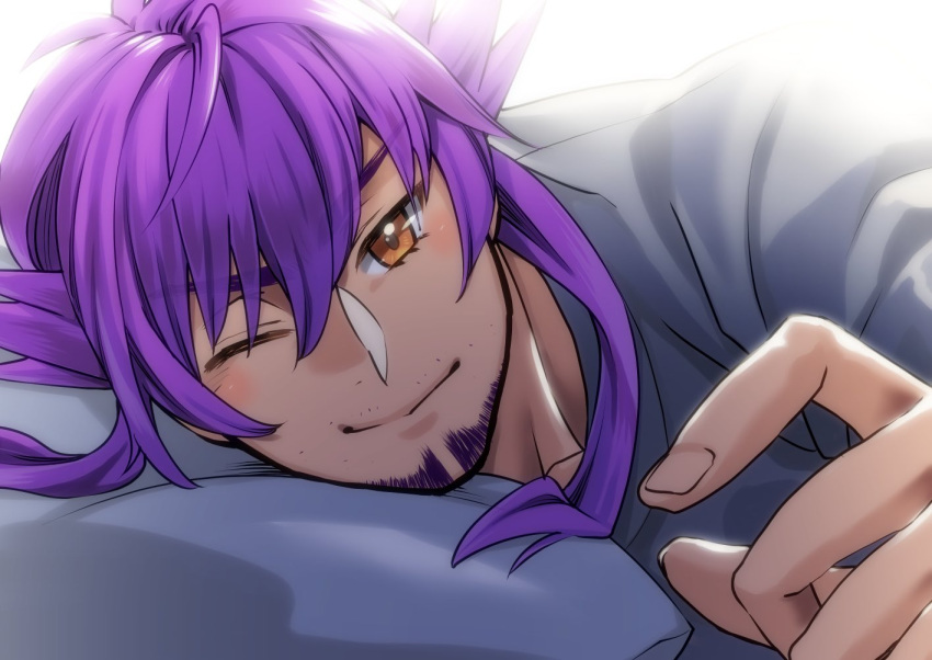 1boy, bangs, blush, closed_mouth, commentary_request, dark_skin, dark_skinned_male, face
