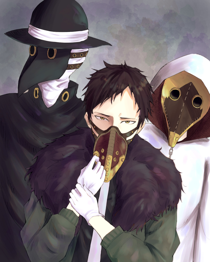 3boys, black_hair, boku_no_hero_academia, chisaki_kai, depth_of_field, gloves, hat, hoodie