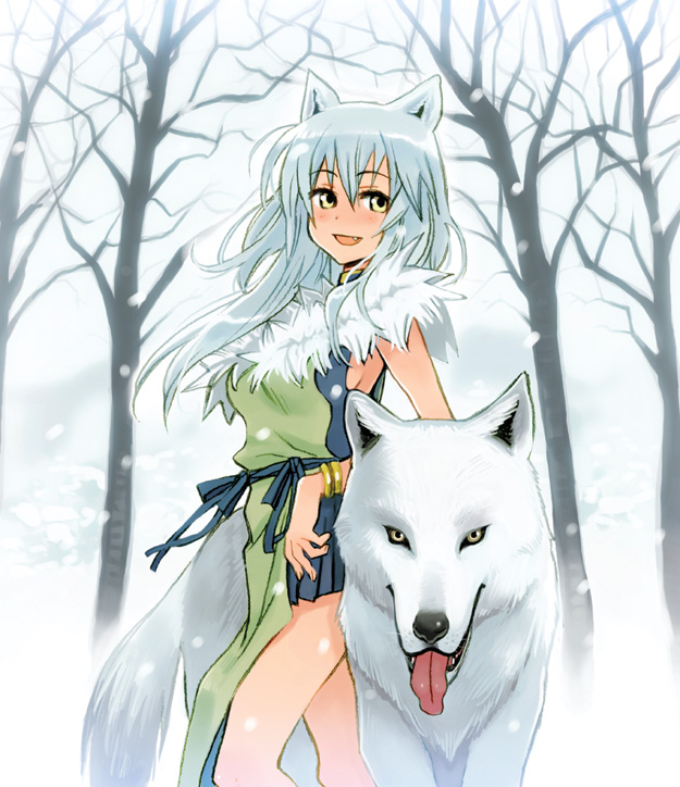 animal_ears, fang, long_hair, nomura_ryouji, original, shiro_(shuukaku_no_12gatsu), shirou_(shuukaku_no_12gatsu), shuukaku_no_12gatsu, sideboob, silver_hair, snow, wolf, wolf_ears, yellow_eyes