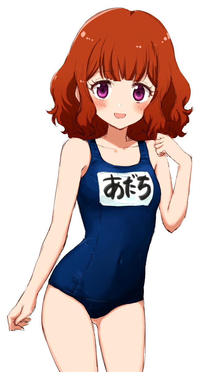 1girl, :d, ass_visible_through_thighs, atachi_mimi, bare_arms, bare_legs, bare_shoulders, blue_swimsuit, blush, breasts, clenched_hand, competition_school_swimsuit, covered_navel, cowboy_shot, eyebrows_visible_through_hair, hand_up, highres, long_hair, looking_at_viewer, name_tag, one-piece_swimsuit, open_mouth, orange_hair, raised_eyebrows, sbs, school_swimsuit, simple_background, small_breasts, smile, solo, swimsuit, violet_eyes, wavy_hair, white_background, yu-gi-oh!, yu-gi-oh!_sevens
