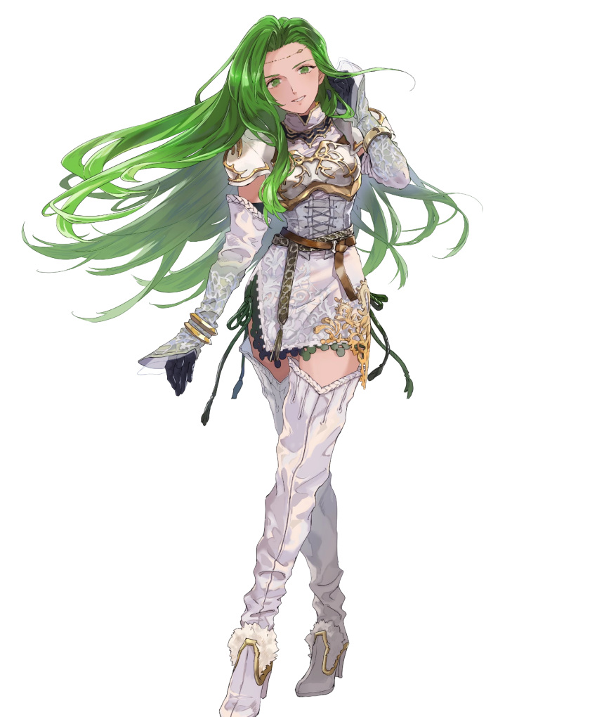 1girl, annand_(fire_emblem), armor, bangs, belt, black_gloves, boots, breastplate, circlet, dress, elbow_gloves, fire_emblem, fire_emblem:_genealogy_of_the_holy_war, fire_emblem_heroes, full_body, gloves, green_eyes, green_hair, high_heels, highres, jewelry, long_hair, mayo_(becky2006), official_art, shiny, shiny_hair, short_dress, shoulder_armor, simple_background, sleeveless, solo, thigh-highs, thigh_boots, transparent_background, white_dress, zettai_ryouiki