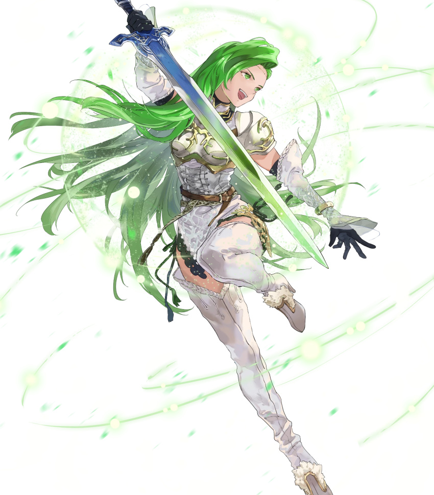 1girl, annand_(fire_emblem), armor, bangs, belt, black_gloves, boots, breastplate, circlet, dress, elbow_gloves, fire_emblem, fire_emblem:_genealogy_of_the_holy_war, fire_emblem_heroes, full_body, gloves, green_eyes, green_hair, high_heels, highres, jewelry, long_hair, mayo_(becky2006), official_art, shiny, shiny_hair, short_dress, shoulder_armor, simple_background, sleeveless, solo, thigh-highs, thigh_boots, transparent_background, white_dress, zettai_ryouiki