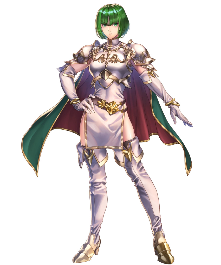 1girl, armor, belt, black_legwear, boots, breastplate, dithorba_(fire_emblem), dithorba_(fire_emblem), dress, elbow_gloves, fire_emblem, fire_emblem:_genealogy_of_the_holy_war, fire_emblem_heroes, full_body, gloves, gold_trim, green_eyes, green_hair, high_heels, highres, official_art, shiny, shiny_hair, short_dress, short_hair, shoulder_armor, sleeveless, solo, thigh-highs, thigh_boots, thighs, transparent_background, turtleneck, white_dress, white_footwear, white_gloves, yoneko_okome99, zettai_ryouiki