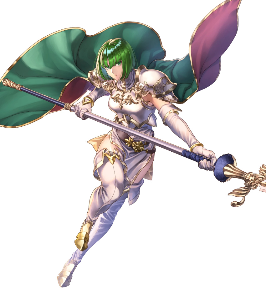 1girl, armor, belt, black_legwear, boots, breastplate, dithorba_(fire_emblem), dress, elbow_gloves, fire_emblem, fire_emblem:_genealogy_of_the_holy_war, fire_emblem_heroes, full_body, gloves, gold_trim, green_eyes, green_hair, high_heels, highres, official_art, shiny, shiny_hair, short_dress, short_hair, shoulder_armor, sleeveless, solo, thigh-highs, thigh_boots, thighs, transparent_background, turtleneck, white_dress, white_footwear, white_gloves, yoneko_okome99, zettai_ryouiki