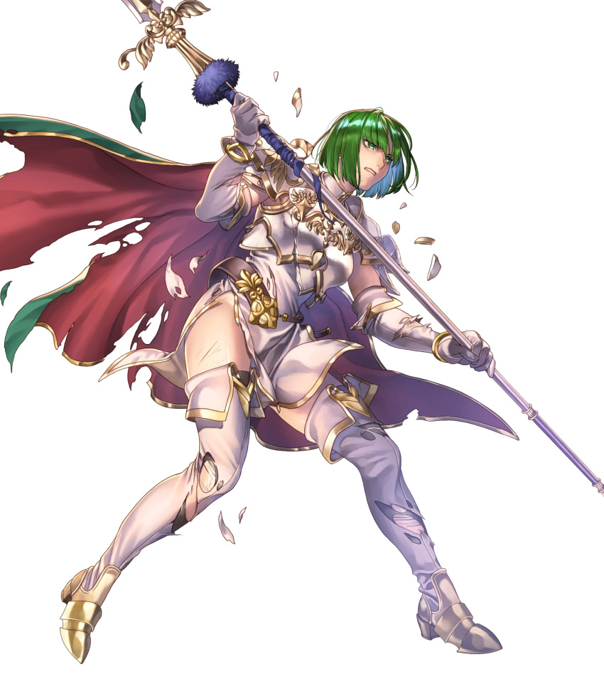 1girl, armor, belt, black_legwear, boots, breastplate, broken_armor, cape