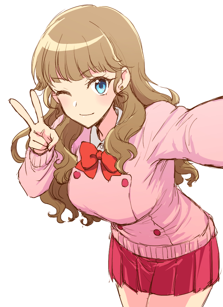 1girl, ;), bangs, blue_eyes, blunt_bangs, blush, bow, bowtie