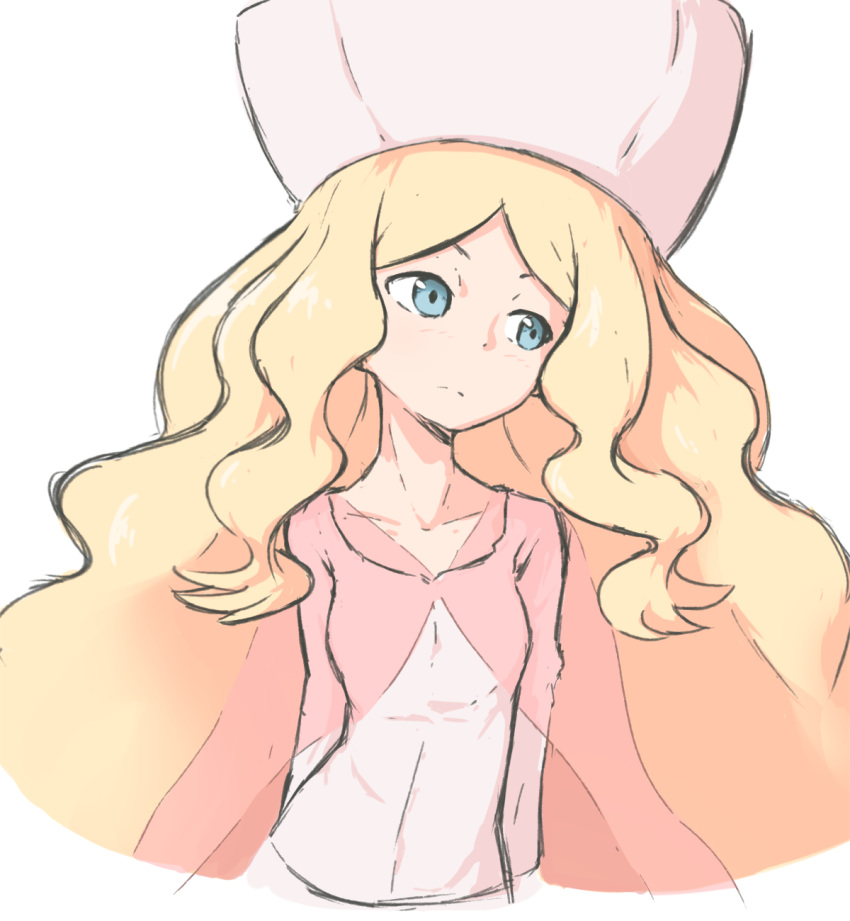 1girl, blonde_hair, blue_eyes, blush, breasts, caitlin_(pokemon), closed_mouth, collarbone