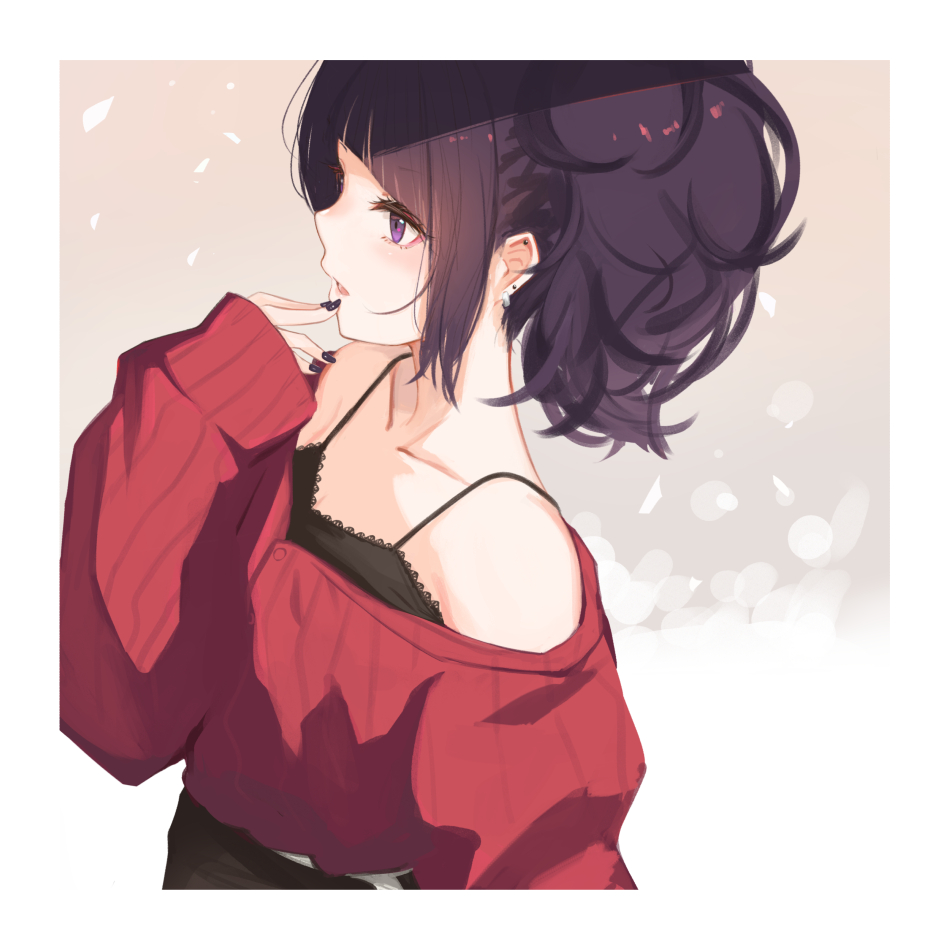1girl, abstract_background, baggy_clothes, brown_eyes, brown_hair, collarbone, commentary_request, drop_earrings