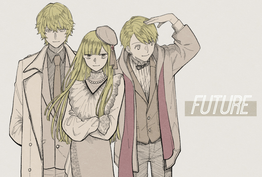 1girl, 2boys, bangs, bead_necklace, beads, blonde_hair, blunt_bangs, blush