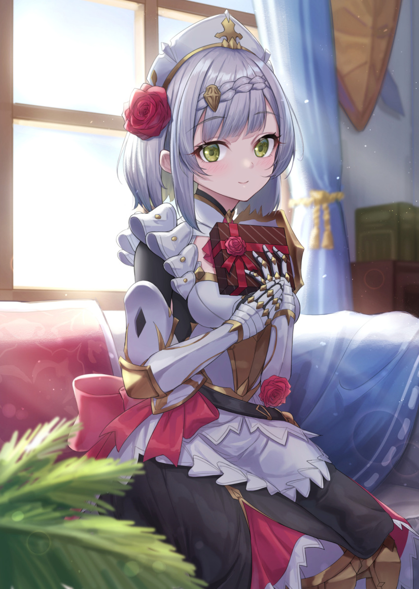 1boy, apron, armor, blush, box, braid, closed_mouth, commentary_request