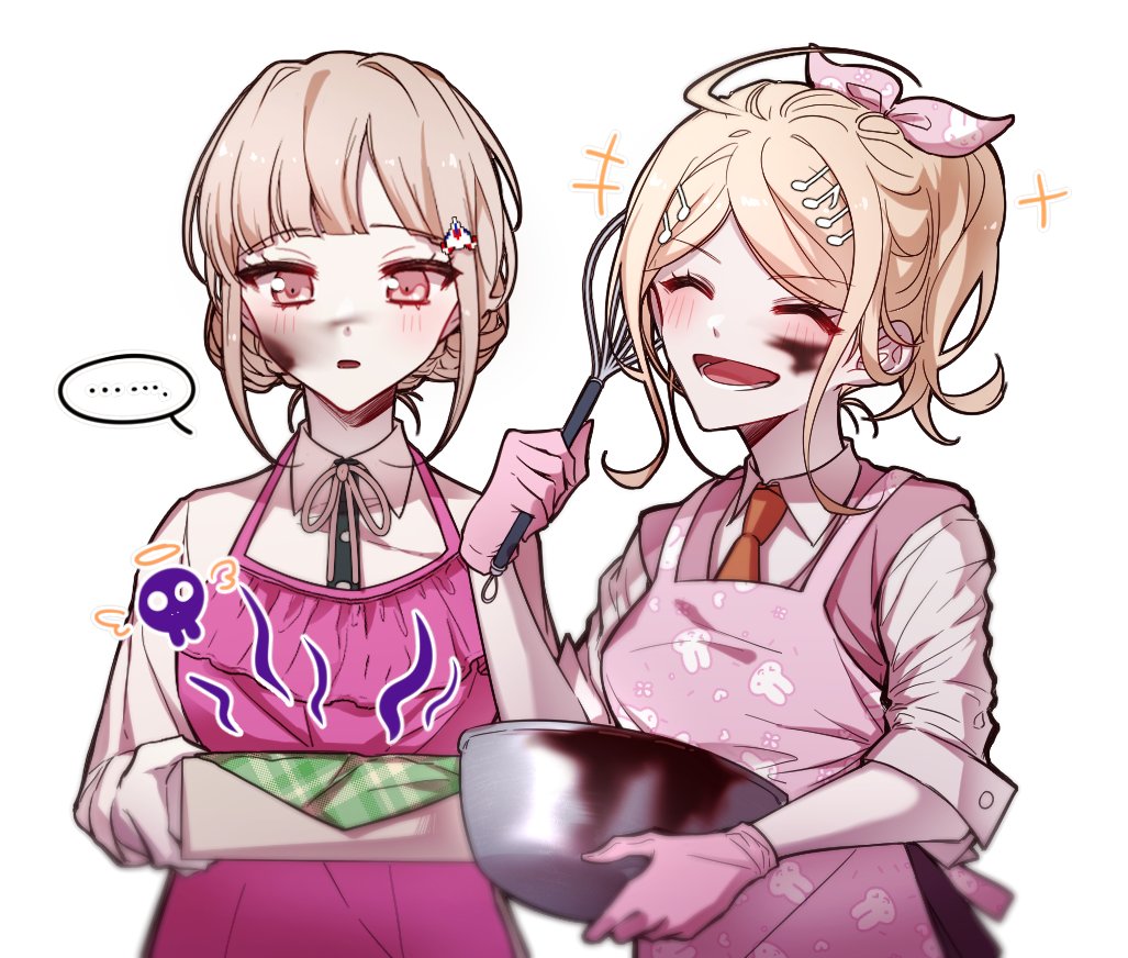 ..., 2girls, ^_^, akamatsu_kaede, alternate_costume, alternate_hairstyle, apron, bangs