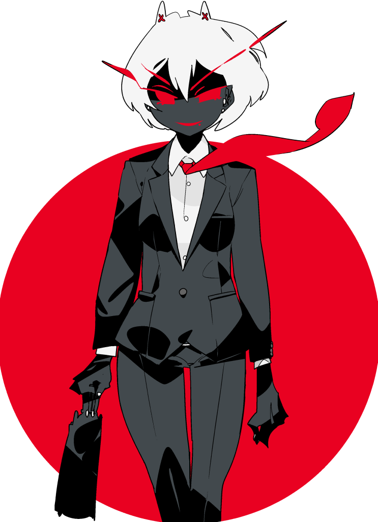 1girl, alternate_hair_color, alternate_skin_color, animal_ears, black_jacket, black_pants, black_skin, business_suit, cat_ears, colored_skin, colored_tongue, earrings, floating_necktie, formal, holding, holding_suitcase, jacket, jewelry, kokubunji_suou, kuroi_moyamoya, long_sleeves, mole, mole_under_mouth, necktie, negative, original, pant_suit, pants, red_background, red_eyes, red_neckwear, red_theme, red_tongue, shirt, short_hair, smile, solo, standing, stud_earrings, suit, suitcase, thigh_gap, white_hair, white_shirt