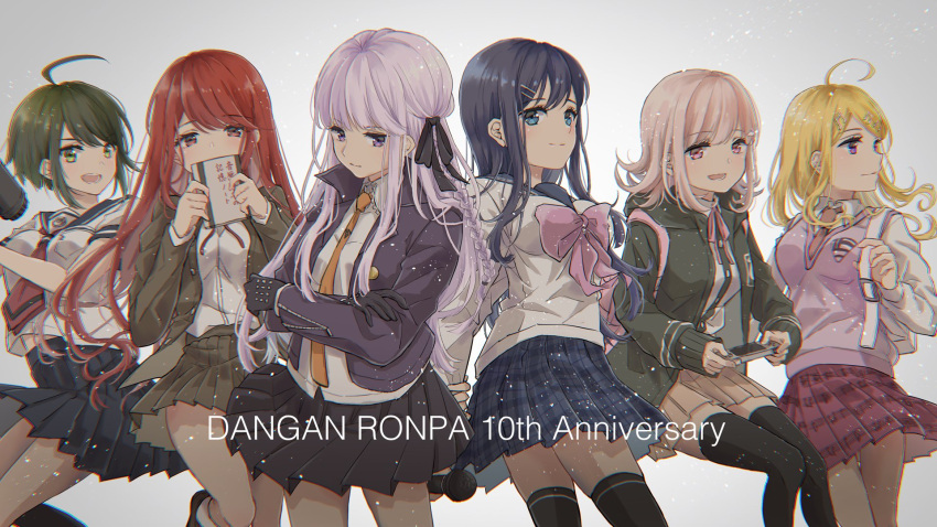 6+girls, :d, ahoge, akamatsu_kaede, anniversary, arms_behind_back, backpack, bag, bangs, black_gloves, black_legwear, black_ribbon, blonde_hair, blue_eyes, braid, breasts, brown_eyes, brown_jacket, brown_skirt, collared_shirt, covering_mouth, crossed_arms, dangan_ronpa/zero, dangan_ronpa:_trigger_happy_havoc, dangan_ronpa_(series), dangan_ronpa_2:_goodbye_despair, dangan_ronpa_v3:_killing_harmony, dress_shirt, eighth_note, eyebrows_visible_through_hair, gloves, green_eyes, green_jacket, grey_background, hair_ornament, hair_ribbon, hairclip, handheld_game_console, hands_up, highres, holding, holding_handheld_game_console, holding_megaphone, holding_microphone, jacket, kirigiri_kyouko, kuro_n314, light_brown_hair, long_hair, long_sleeves, looking_at_viewer, medium_breasts, medium_hair, megaphone, microphone, multiple_girls, musical_note, musical_note_hair_ornament, naegi_komaru, nanami_chiaki, neck_ribbon, necktie, open_clothes, open_jacket, open_mouth, otonashi_ryouko, pink_eyes, pink_ribbon, pink_vest, plaid, plaid_skirt, pleated_skirt, purple_skirt, red_eyes, redhead, ribbon, sailor_collar, school_uniform, serafuku, shirt, short_hair, side_braid, single_braid, skirt, smile, spaceship_hair_ornament, sweater_vest, thigh-highs, translation_request, two-tone_shirt, vest, violet_eyes, white_shirt, zettai_ryouiki