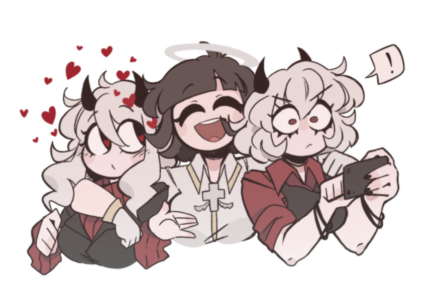 !, 3girls, angel, arms_around_neck, artist_name, azazel_(helltaker), black_horns, blush, bob_cut, bracelet, cross, cross_necklace, demon_girl, demon_horns, demon_tail, hair_ornament, halo, heart, heart_hair_ornament, helltaker, horns, jewelry, leigh-chan, malina_(helltaker), modeus_(helltaker), multiple_girls, necklace, phone, smile, surprised, tail, upper_body, wide-eyed