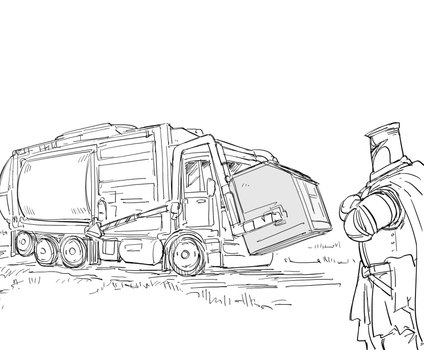 1boy, armor, bb_(baalbuddy), breastplate, cape, commentary, dumpster, english_commentary
