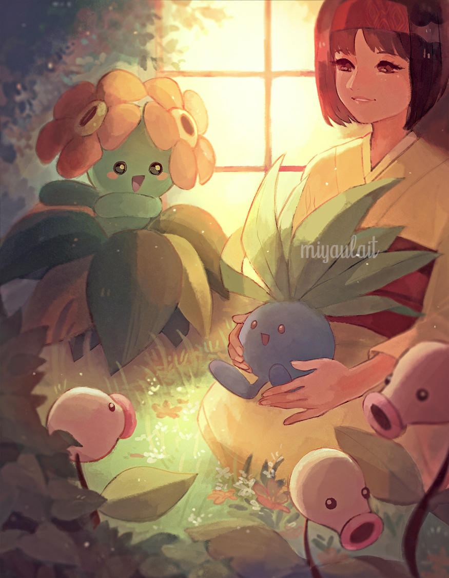 1girl, artist_name, bangs, bellossom, bellsprout, brown_eyes, brown_hair, commentary