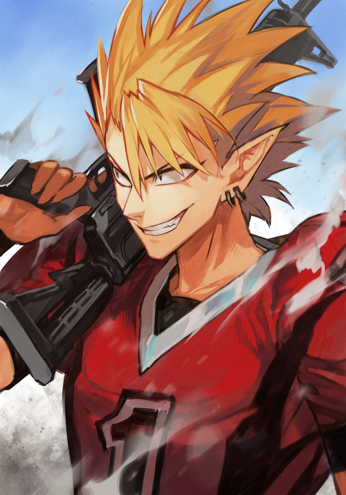 1boy, american_football_uniform, blonde_hair, earrings, eyeshield_21, finger_on_trigger, grin, gun