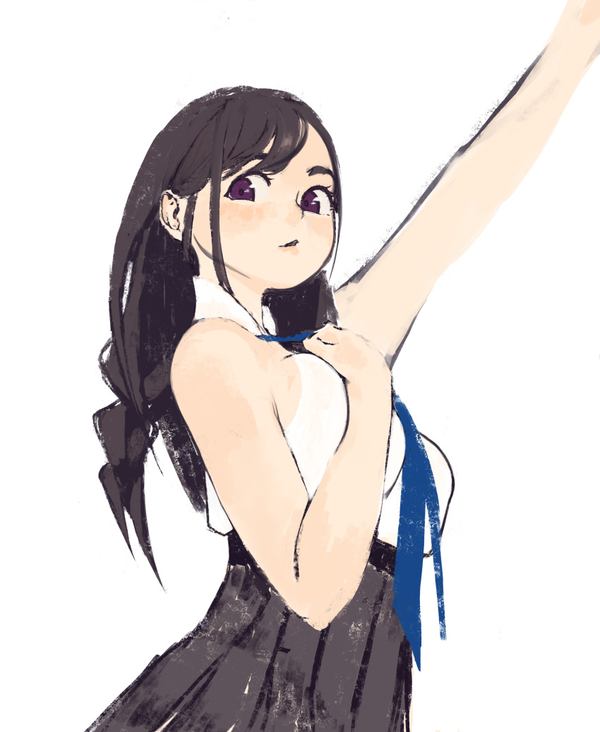 1girl, absurdres, arm_up, azelweien, bare_shoulders, black_hair, black_skirt, blue_neckwear