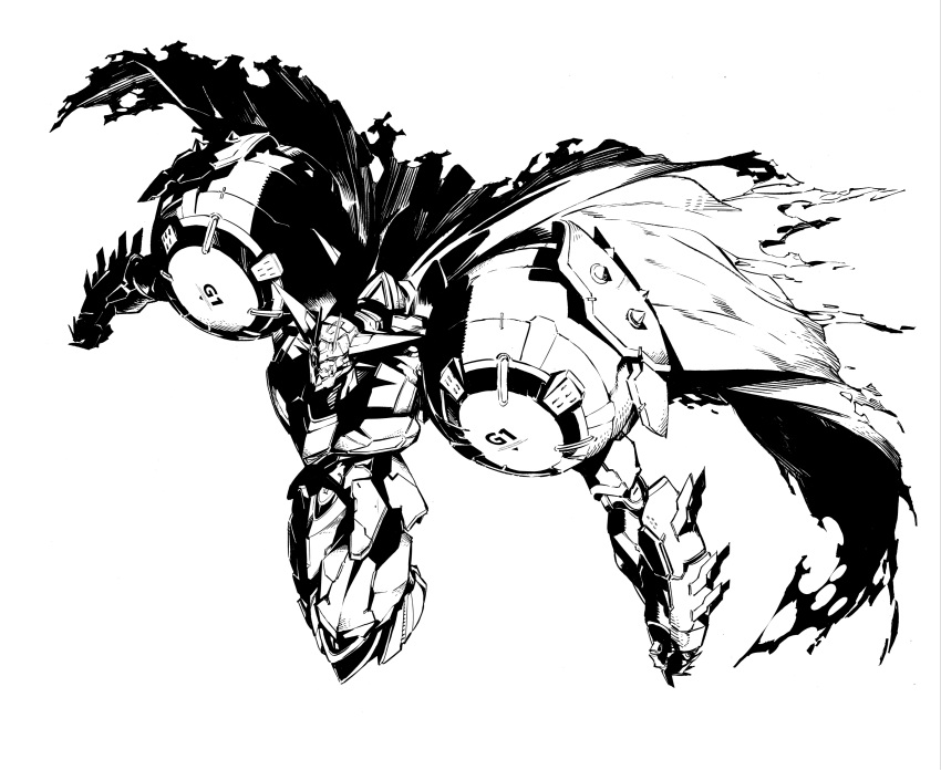absurdres, cape, clenched_hands, getter-1_(devolution), getter_robo, getter_robo_devolution, greyscale, highres