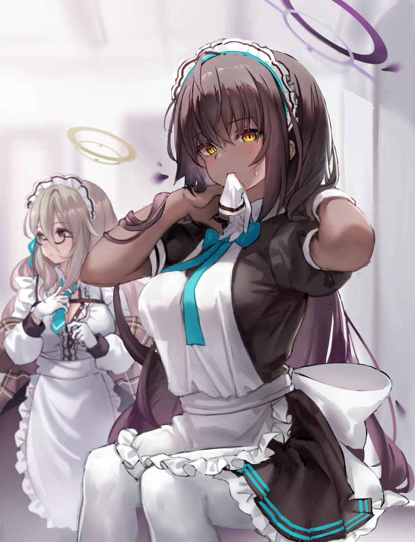 2girls, absurdres, akane_(blue_archive), blonde_hair, blue_archive, brown_hair, dark_skin, dark-skinned_female, feet_out_of_frame, halo, highres, karin_(blue_archive), looking_at_viewer, maid_headdress, mouth_hold, multiple_girls, pantyhose, rota_(078), white_legwear, yellow_eyes