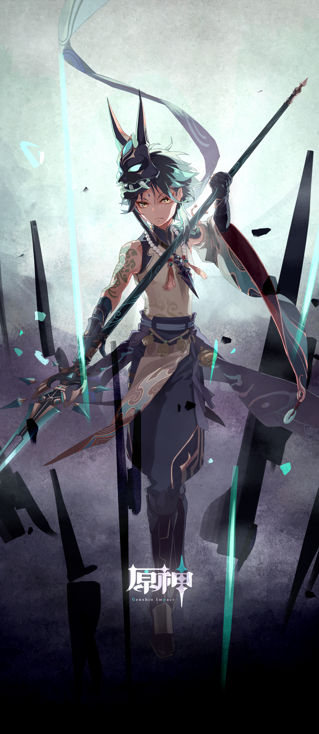 1boy, absurdres, arm_guards, arm_tattoo, bangs, bare_shoulders, bead_necklace, beads, black_gloves, black_hair, closed_mouth, copyright_name, detached_sleeves, english_text, facial_mark, forehead_mark, full_body, genshin_impact, glacierhst, gloves, green_gloves, green_hair, highres, holding, holding_polearm, holding_spear, holding_weapon, jewelry, long_hair, looking_at_viewer, male_focus, mask, mask_on_head, multicolored_hair, necklace, polearm, shoulder_pads, shoulder_spikes, sleeveless, slit_pupils, solo, spear, spikes, tassel, tattoo, weapon, xiao_(genshin_impact), yellow_eyes