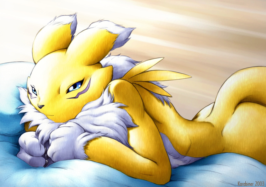 animal_ears, bed, blue_eyes, digimon, furry, karabiner, lying, naughty_face, nude, renamon, smile, solo, tail