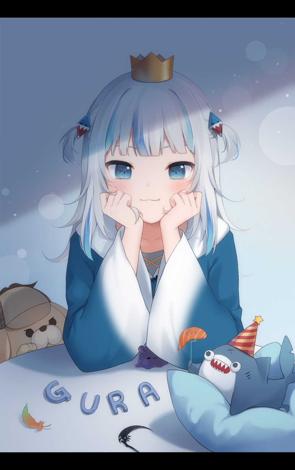 1girl, amashiro_natsuki, animal, bloop_(gawr_gura), blue_eyes, blue_hair, blue_hoodie, blush