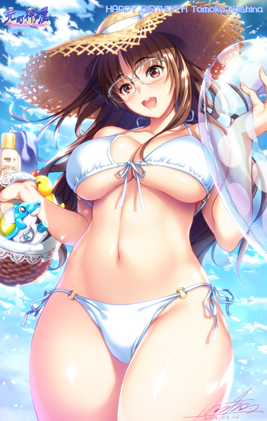 1girl, basket, bikini, breasts, brown_eyes, brown_hair, front-tie_bikini, front-tie_top