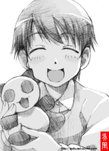 :d, gofu, hanamaru_youchien, monochrome, open_mouth, panda_neko, sketch, smile