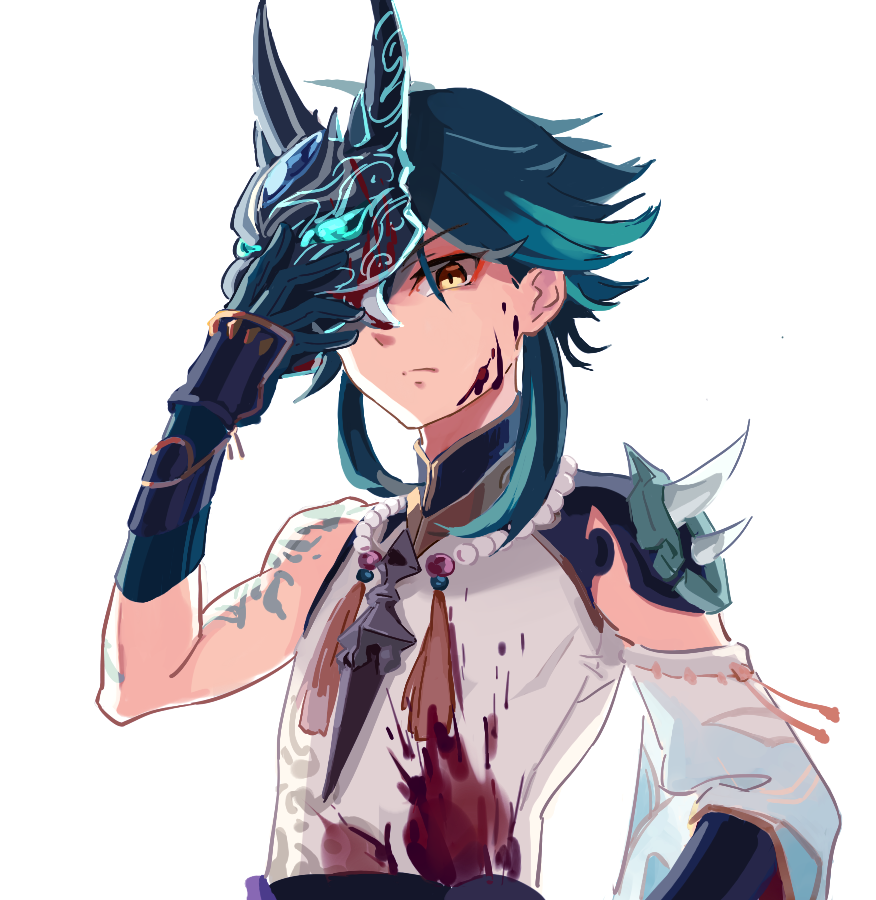 1boy, arm_guards, arm_tattoo, bangs, bare_shoulders, bead_necklace, beads, black_hair