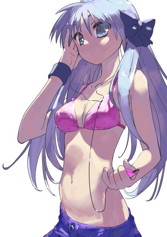 bikini_top, blue_eyes, casual, collarbone, digital_media_player, hair_ribbon, headphones, hiiragi_kagami, ipod, kusaka, kusaka_souji, long_hair, lucky_star, midriff, mound_of_venus, navel, purple_hair, ribbon, tsurime, twintails