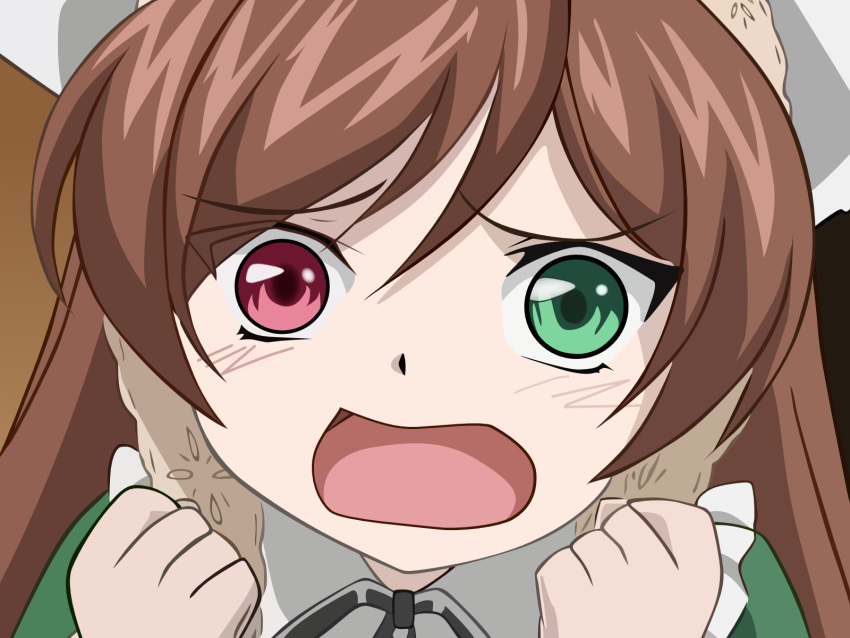 brown_hair, clenched_fists, close, desu, heterochromia, open_mouth, rozen_maiden, solo