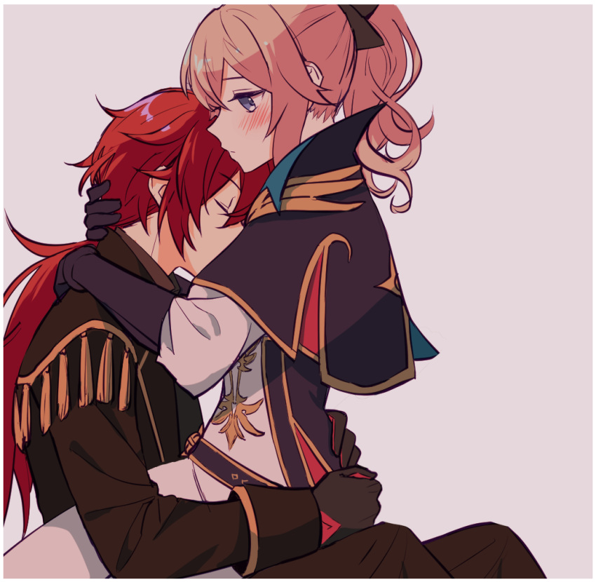 1boy, 1girl, arms_around_neck, bangs, black_gloves, blonde_hair, blue_eyes, blush