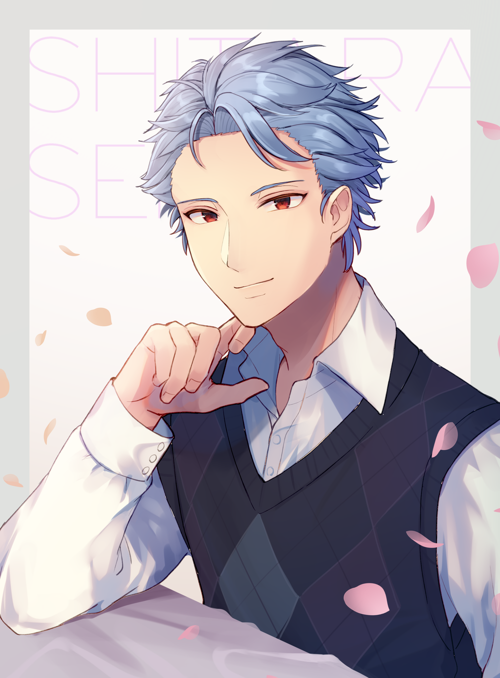 1boy, argyle, argyle_vest, blue_hair, character_name, closed_mouth, collared_shirt, commentary_request