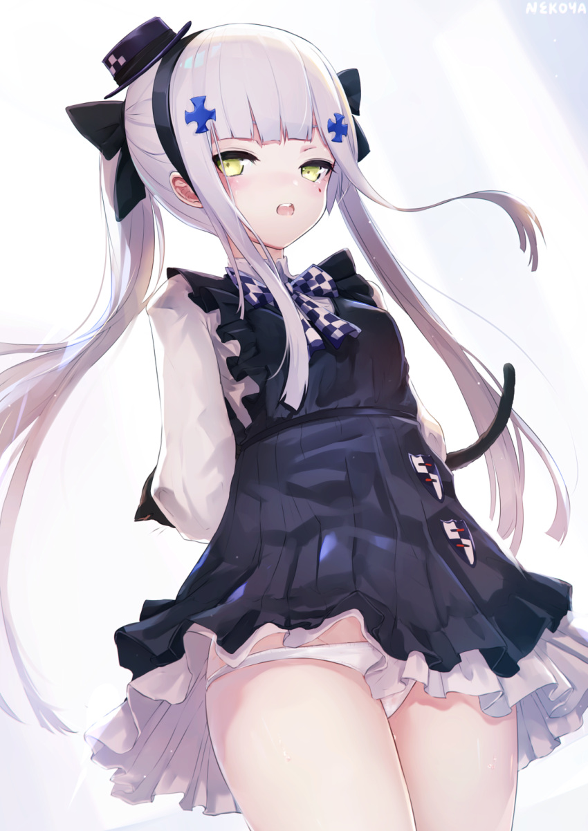 1girl, apron, arms_behind_back, artist_name, bangs, black_apron, black_bow, black_hairband