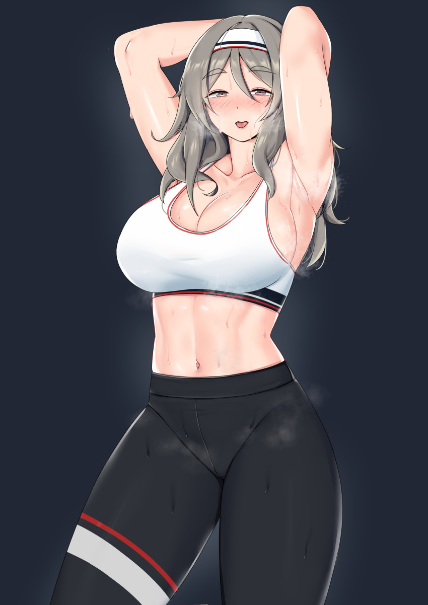 1girl, absurdres, armpit_crease, armpits, arms_behind_head, blush, breasts, girls_frontline