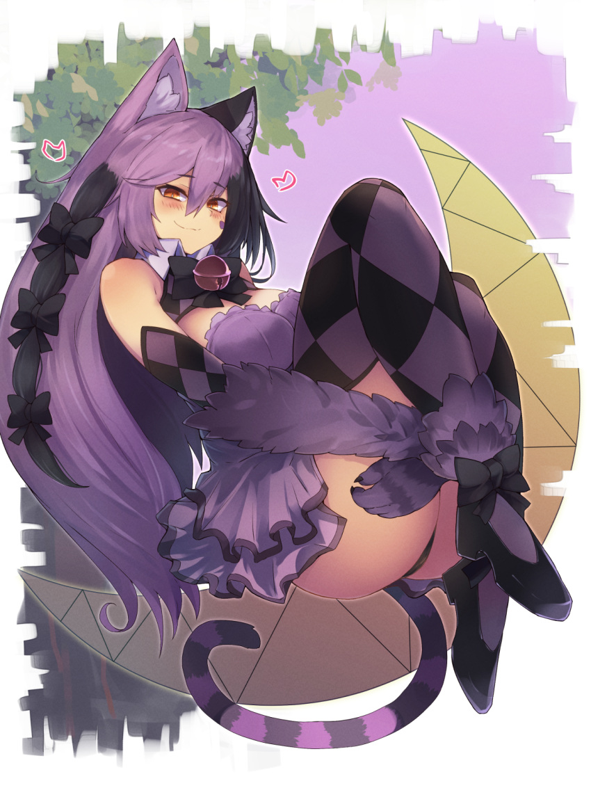 1girl, animal_ear_fluff, animal_ears, argyle, argyle_legwear, bangs, bare_shoulders, bell
