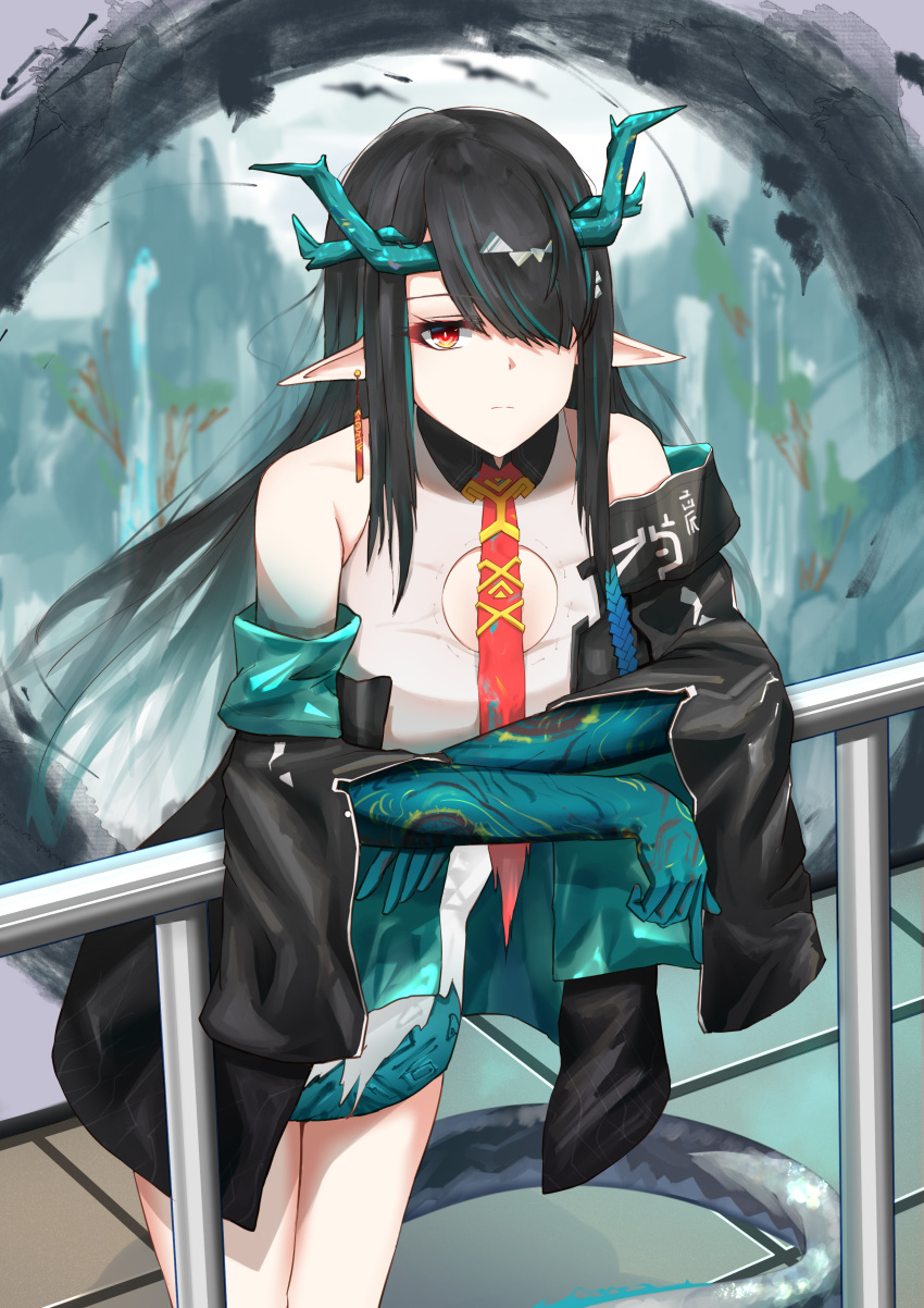1girl, absurdres, arknights, bangs, bare_shoulders, black_hair, black_jacket, calvaires