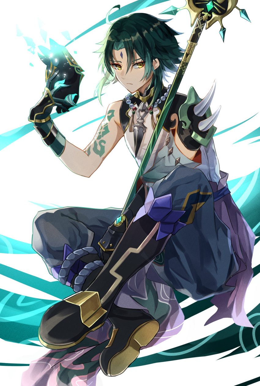 1boy, absurdres, ahoge, arm_tattoo, armor, asymmetrical_clothes, bead_necklace, beads