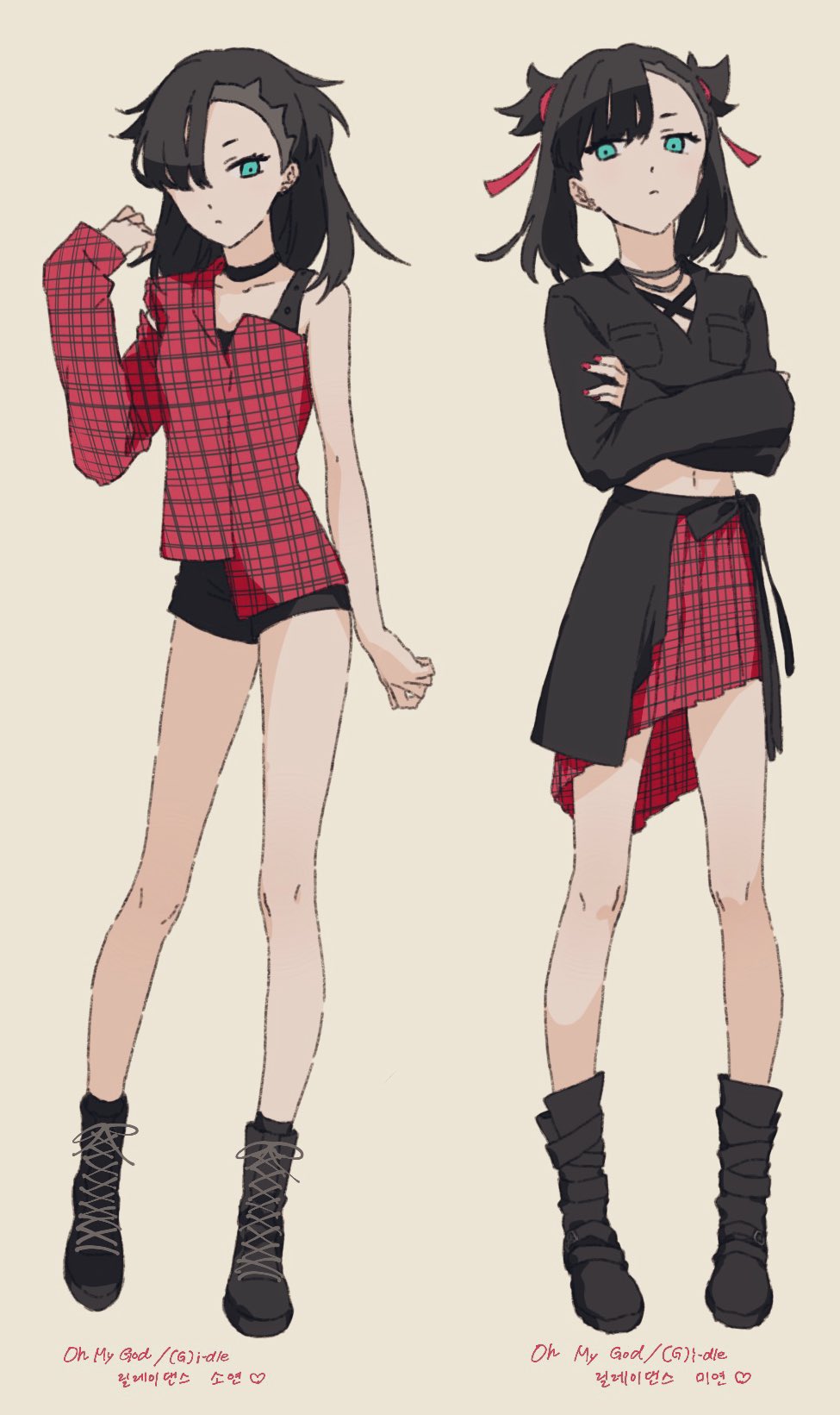 1girl, asymmetrical_bangs, bangs, black_choker, black_hair, boots, choker, earrings, fashion, green_eyes, hair_ribbon, highres, jewelry, marnie_(pokemon), medium_hair, pokemon, pokemon_(game), pokemon_swsh, red_ribbon, ribbon, toroino, twintails, white_background