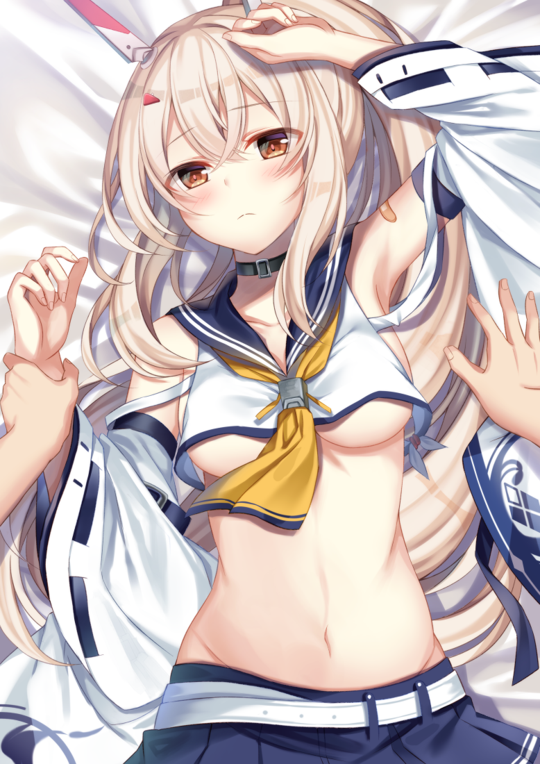 1girl, arm_up, armpits, ayanami_(azur_lane), azur_lane, bare_shoulders, black_choker, blonde_hair