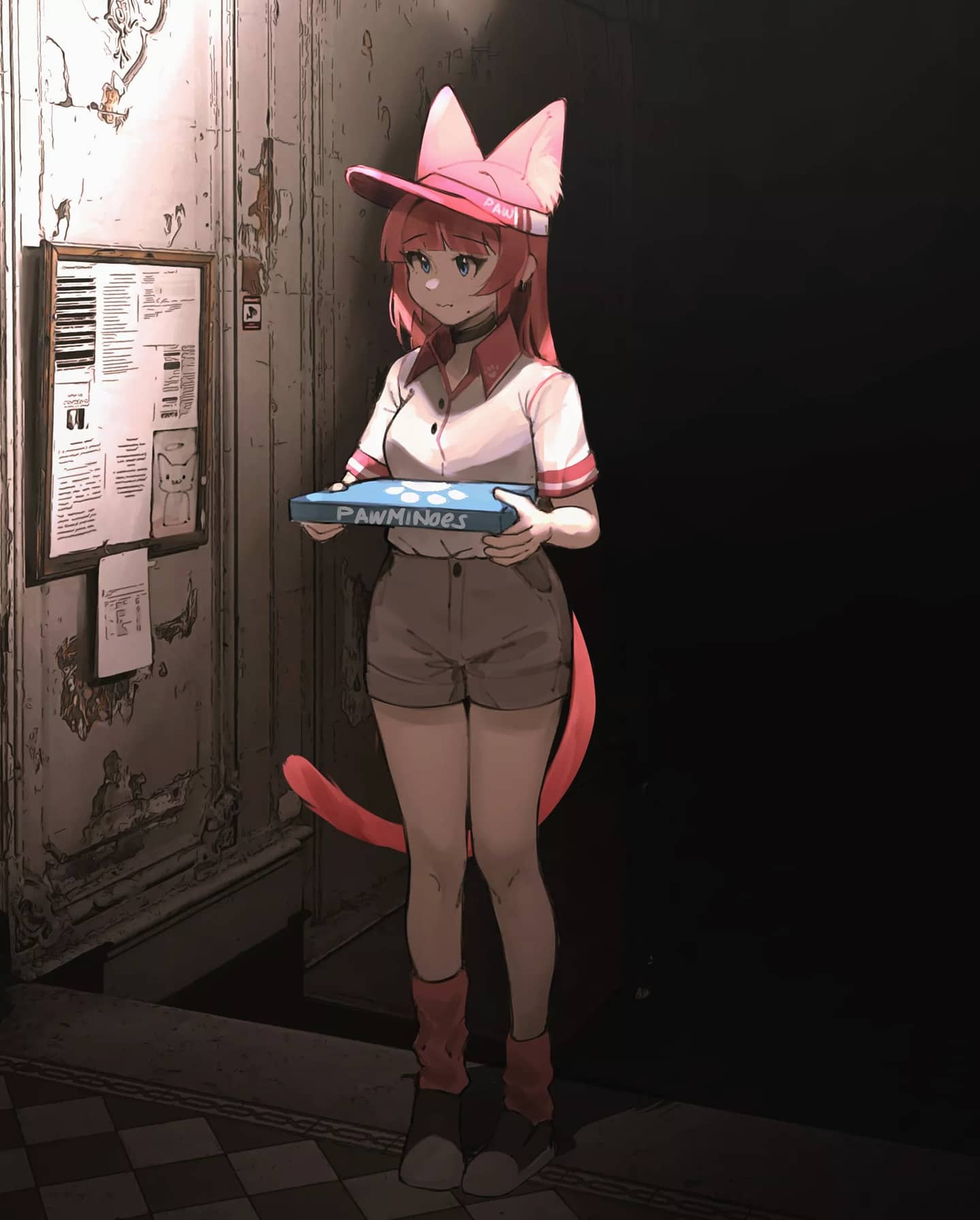 1girl, animal_ear_fluff, animal_ears, black_choker, blue_eyes, brand_name_imitation, cat_ears, cat_tail