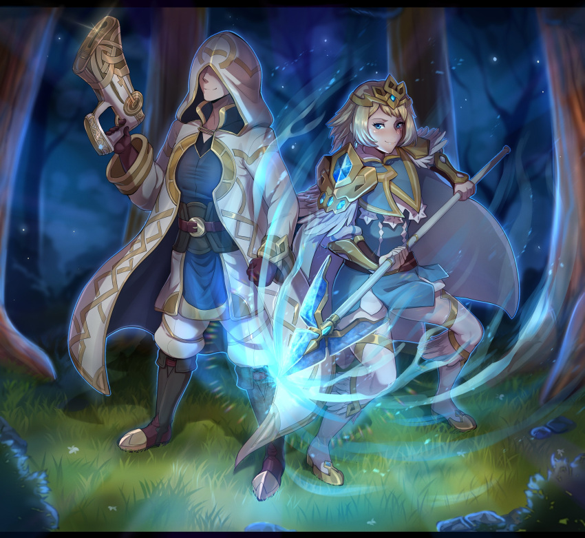 1boy, 1girl, absurdres, blonde_hair, blue_eyes, blue_hair, boots, evomanaphy