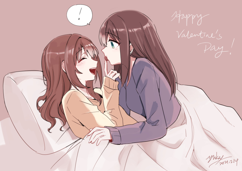 !, 2girls, bed, brown_hair, chocolate, closed_eyes, dated, english_text
