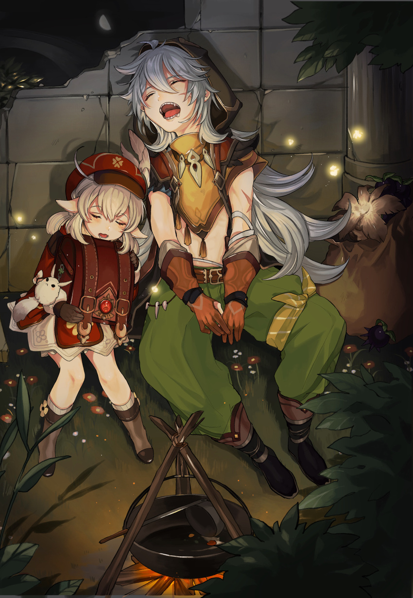1boy, 1girl, absurdres, ahoge, backpack, bag, bangs, blonde_hair