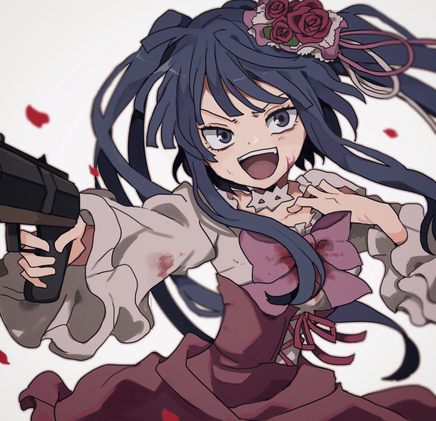 1girl, blood, blue_eyes, blue_hair, chiaki_(chika-0803), flower, frilled_sleeves, frills