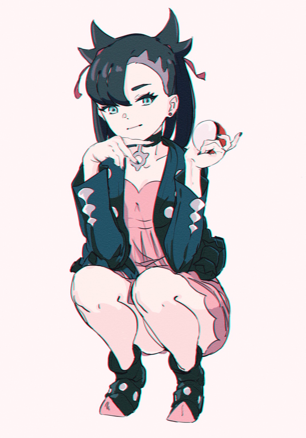 asymmetrical_bangs, bangs, black_choker, black_hair, black_jacket, black_nails, boots, choker