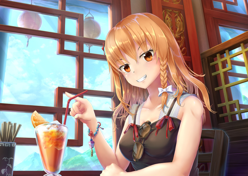 1girl, absurdres, alternate_costume, azusa_(cookie), bangs, black_dress, blonde_hair, blue_sky