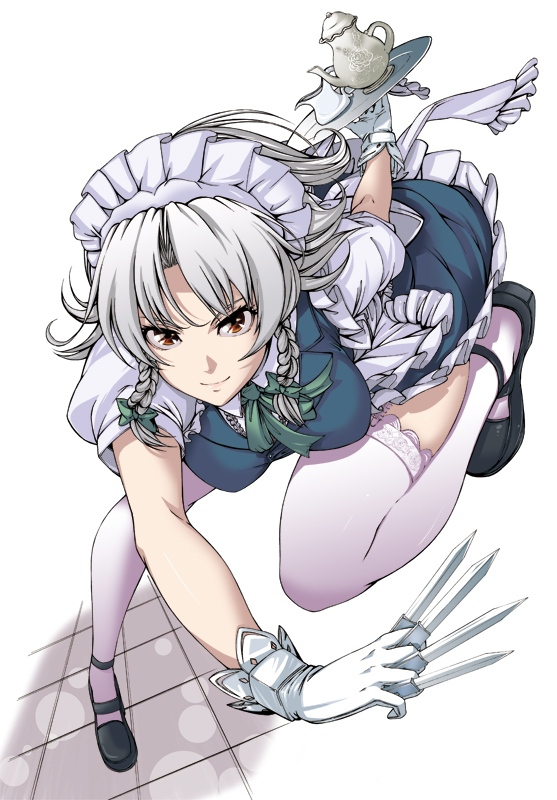gloves, izayoi_sakuya, karasu_(pixiv), knife, lace, lace-trimmed_thighhighs, legs, maid