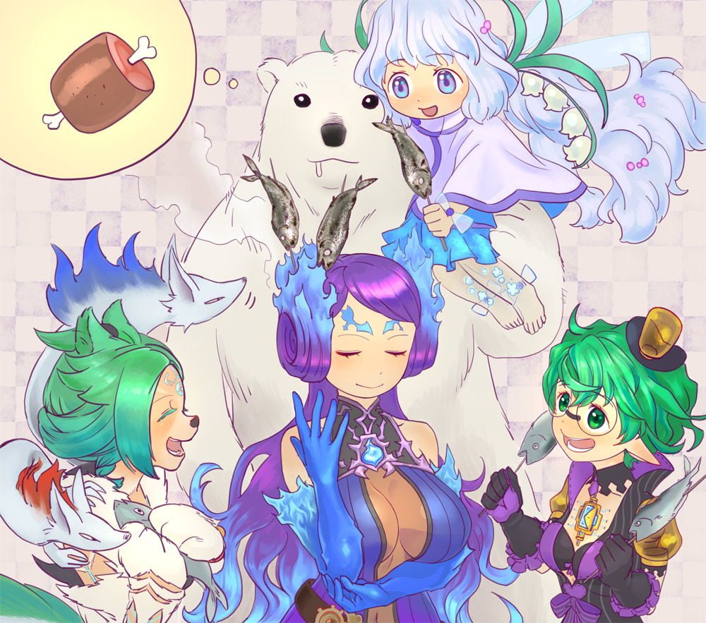 animal_nose, bear, breasts, brighid_(xenoblade), cooking, fire, fish, food